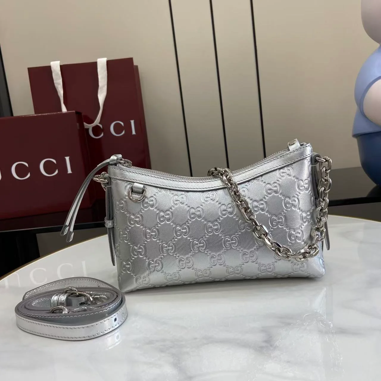 Real Leather Emblem Small Shoulder Bag