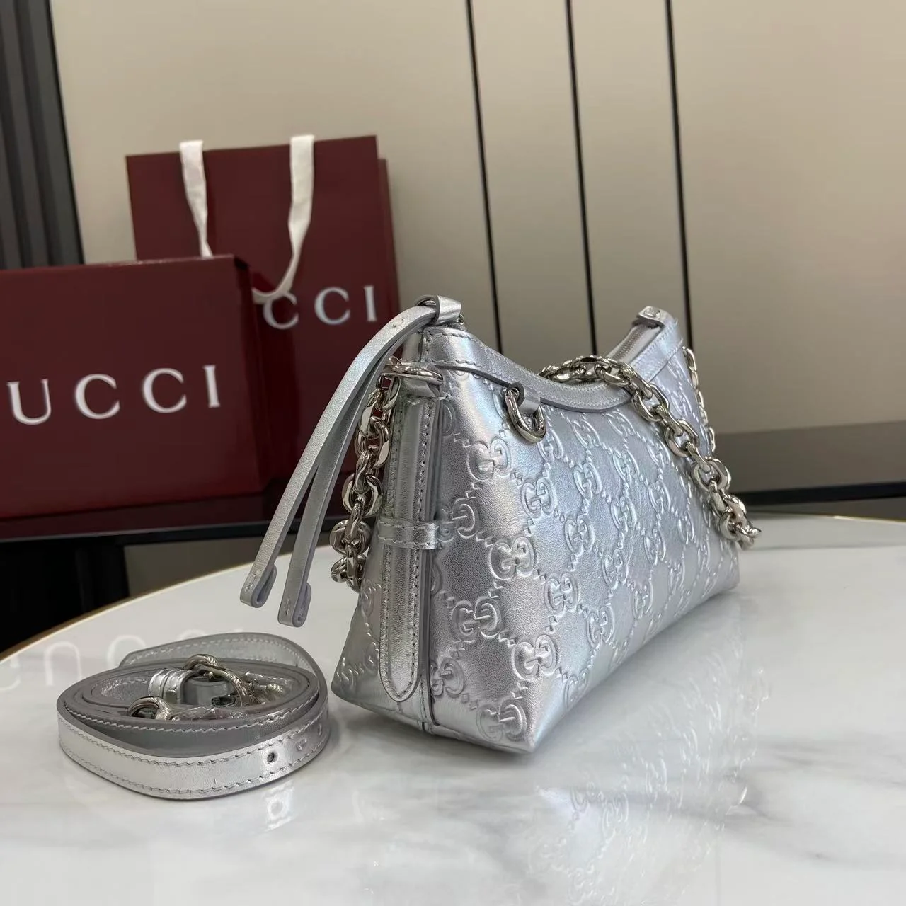Real Leather Emblem Small Shoulder Bag