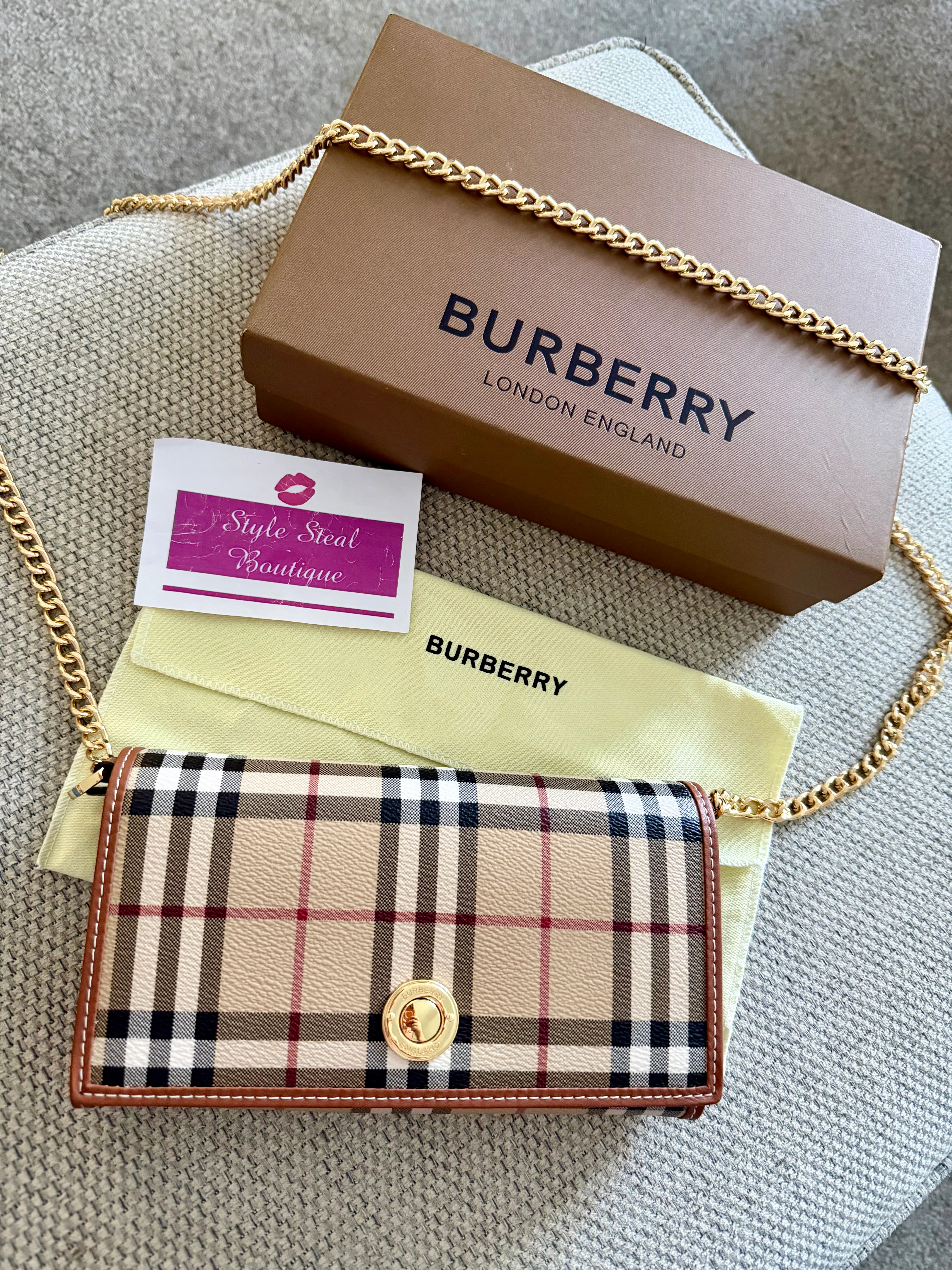 Check Clutch - Real Leather and Canvas, 20cm x 12cm x 3.5cm