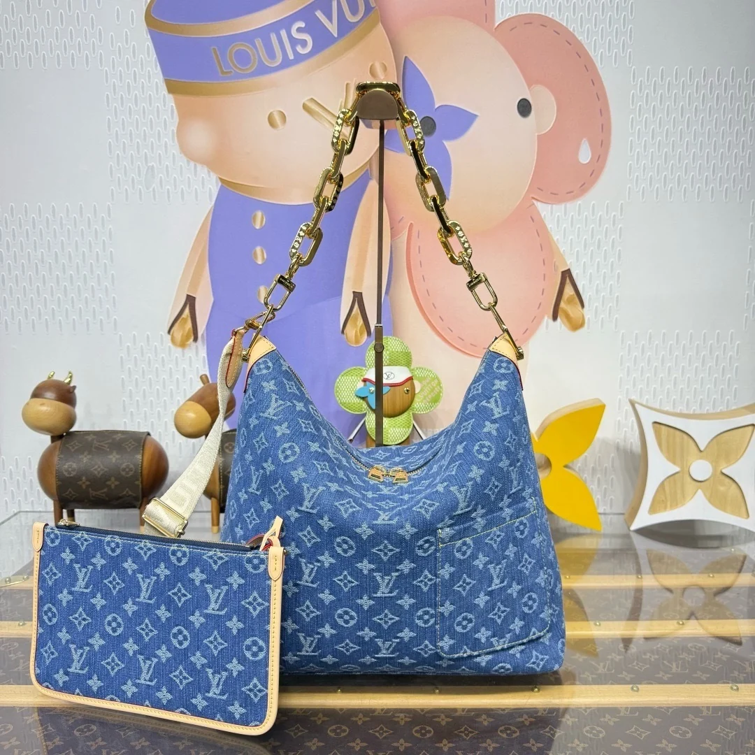 Women's Coussin Hobo Bag in Leather and Denim